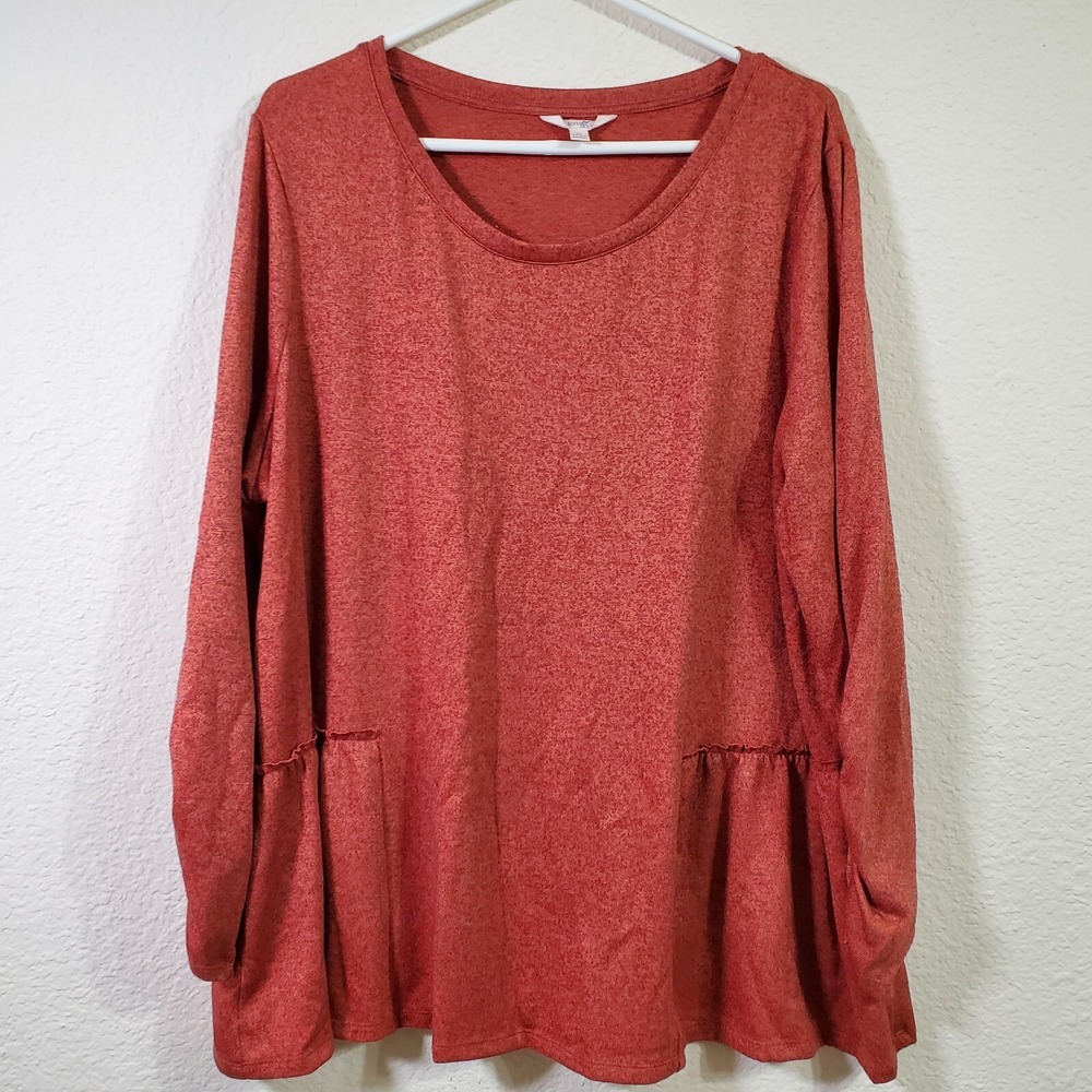 Terra Sky Rust Orange Long Sleeve Plus Size Ruffle Flow Womens Top 1XL